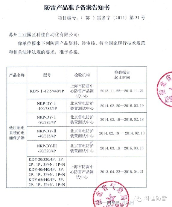 【科佳防雷】防雷產(chǎn)品全國各省的備案證書(圖11)